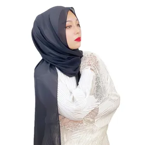 Custom Logo Wholesale Blue Solid Chiffon Foulard Muslim Hijab Cheap Turban Foulard Muslim Hijab For Women