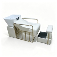 Fauteuil de lavage de luxe pour salon de coiffure, avec cadre doré et cuir PU blanc