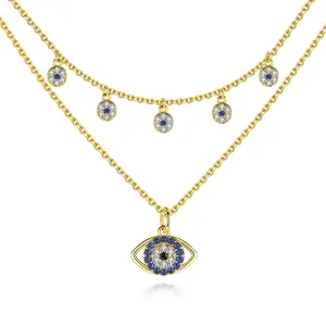 wholesale layered chain jewelry crystal 18k gold plated stainless steel blue evil eyes pendant necklace