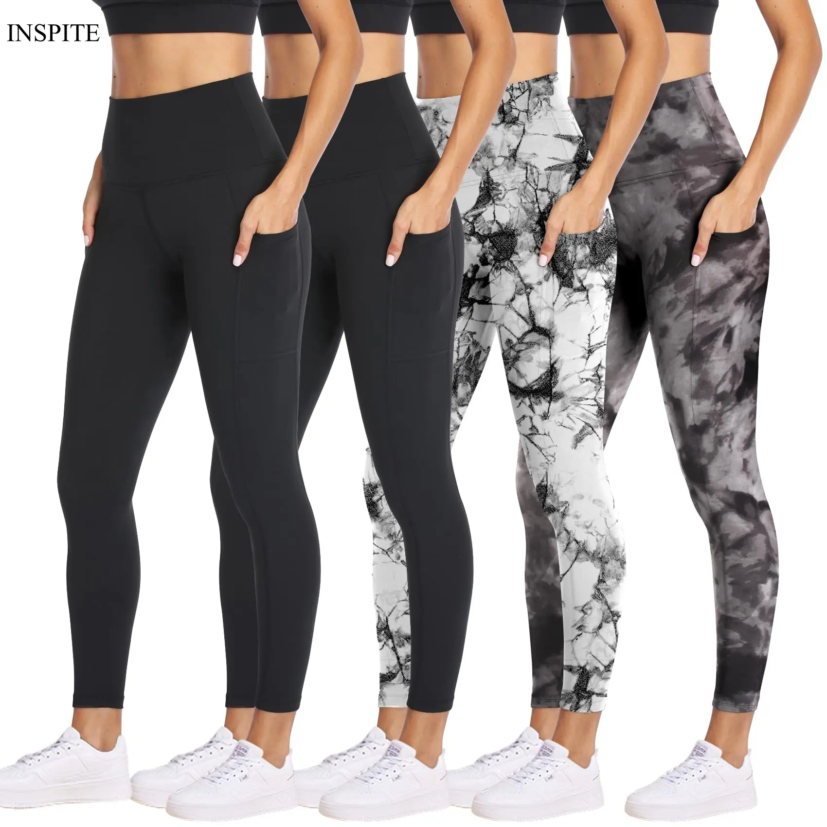 INSPITE High Waisted Yoga Pants with Pockets for Women 4-Way Stretch Soft Running Workout Leggings Athletic Yoga Pants