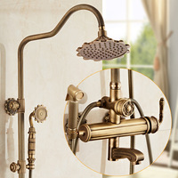 Ensemble de douche de luxe de style européen antique en laiton brossé sculpté avec double poignée en céramique, barre coulissante et robinet de pulvérisation pluie pour salle de bain