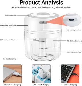 Mini Rechargeable Electric Garlic <b>Chopper</b> Meat <b>Vegetables</b> Masher Onion Slicer Grinder Eco-Friendly ABS Plastic Blender 250ml - Product Image 3