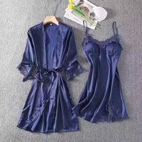Conjunto de Pijama y Bata de Seda Helada Tejida de Varias Piezas para Mujer, Tallas Grandes, con Almohadillas en el Pecho, para Verano/Otoño/Primavera