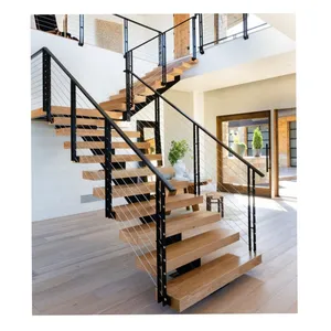 ACE Modern Stairs Glass Railing Wooden Step Straight Mono Stringer Staircase