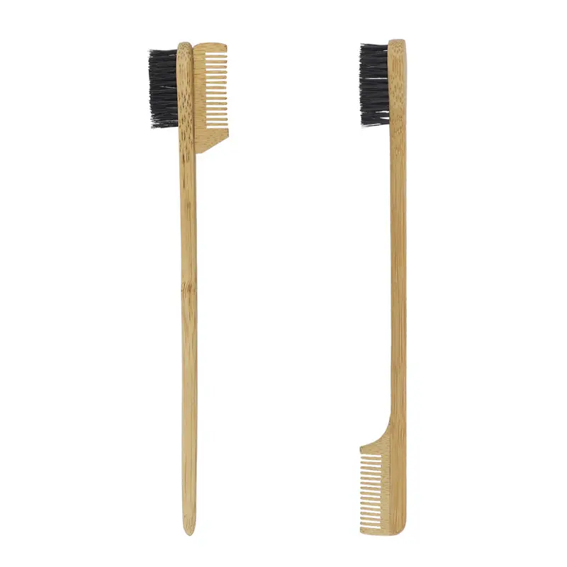 2 tip çift uçlu ince ahşap kozmetik özel etiket bambu düz kaş kaş fırçası tarak ile