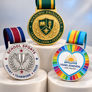 Custom School and Kids Achievement Enamel Medals for Academic Excellence and Student Sports Awards with Personalized <b>Ribbons</b> - Product Image 1