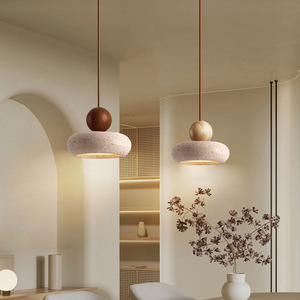 Lampe suspendue en travertin naturel avec sphère en bois, source de lumière LED, tête unique, pour chambre à coucher, salon, comptoir de bar - Product Image 4