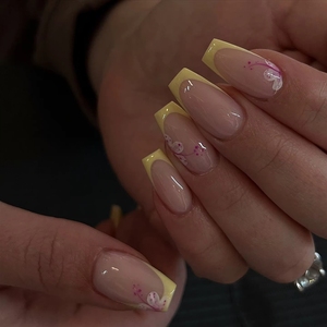 10 <span class=keywords><strong>Uñas</strong></span> Postizas Acrílicas Francesas <span class=keywords><strong>Pintadas</strong></span> a Mano <span class=keywords><strong>con</strong></span> Diseño Floral, <span class=keywords><strong>Uñas</strong></span> Artificiales Reutilizables <span class=keywords><strong>con</strong></span> Adhesivo, Paquete Personalizado - Product Image 1