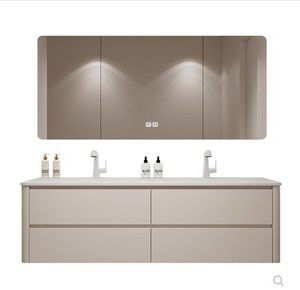 Modern Wall-Mounted Bathroom <b>Vanity</b> with <b>Led</b> <b>Mirror</b> Ceramic Basin 60 In Green MDF Minimalist Design for Apartment - Product Image 2