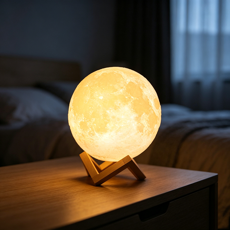 Lune blanche 8 cm + 3 couleurs Base en bois clair-Batterie au lithium