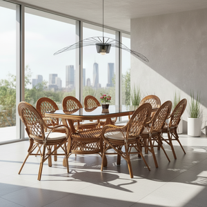 Ensemble de salle à manger en rotin asiatique ancien, magnifiquement conçu et confortable, table longue, Indonésie, pour la maison, l'hôtel, l'appartement - Product Image 1