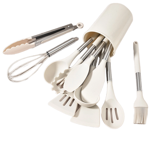 Ensemble d'ustensiles de cuisine 11 pièces en acier inoxydable avec poignées en silicone, accessoires de cuisson, spatules et cuillères, avec rangement - Product Image 1