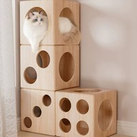 Nouveau Nid pour Chat Multifonctionnel Moderne en Forme de Dés, Arbre à Chat Combinable 2-en-1 en Bois Massif Écologique, Jouet Tanière et Maison pour Chat pour Salon
