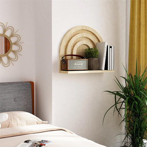 Wooden Wall <b>Shelf</b> Bohemian Style Rattan Arch Design Natural Color Wall Mounted Storage <b>Rack</b> For Living Room Bedroom Display - Product Image 1