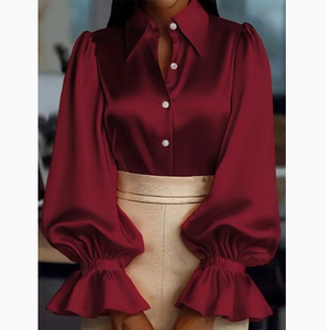 Elegante Satinbluse mit Rüschenmanschetten und Knopfleiste - Schickes Oberteil für Büro und Freizeit - Product Image 1
