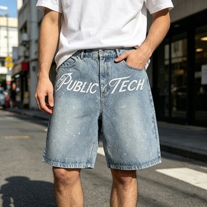 Private label Manufacturer Custom Screen Print Men's Baggy Straight Leg Vintage <b>Wash</b> Denim Shorts Rhinestone Streetwear Shorts - Product Image 3