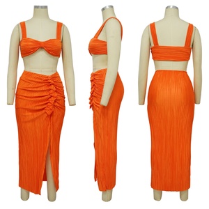 Summer Hot Sale 2023 Pleated Fabric <strong>Outfits</strong> <strong>Women</strong> <strong>Sexy</strong> Two Piece Stacked Slit Skirt Set Ladies Vacation Beachwear - Product Image 6