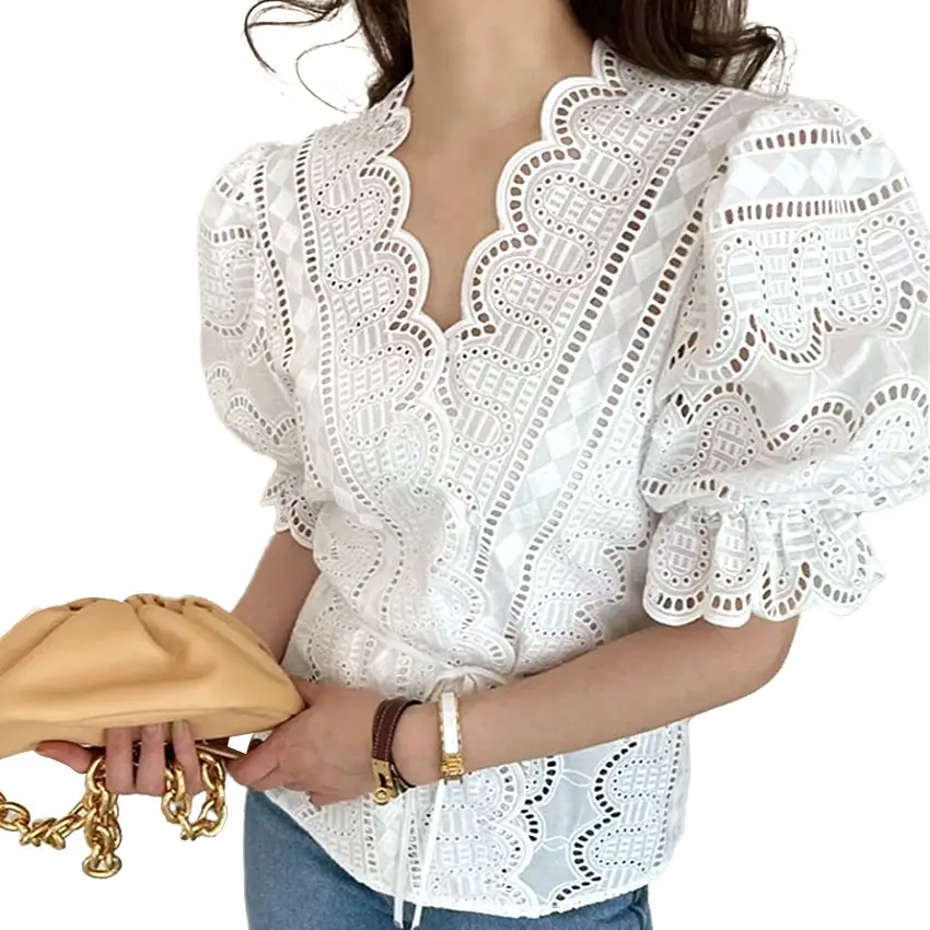 Small fresh wavy lace design sense waist v-neck crochet hollow shirt top women