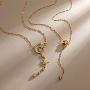 Collier style européen plaqué or 18 carats, motif étoile, lune et fleur, avec pendentif en cristal, pour femme, bijou tendance, cadeau - Product Image 4