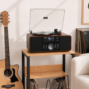 Tourne-disque en bois classique avec lecteur <span class=keywords><strong>CD</strong></span> <span class=keywords><strong>et</strong></span> <span class=keywords><strong>radio</strong></span> FM, haut-parleurs stéréo intégrés <span class=keywords><strong>pour</strong></span> l'écoute à domicile - Product Image 2