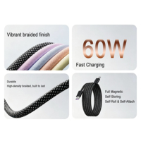 Câble de données magnétique tressé à enroulement automatique USB Type C vers Type C 60W à charge rapide PD 1M pour téléphones mobiles iOS