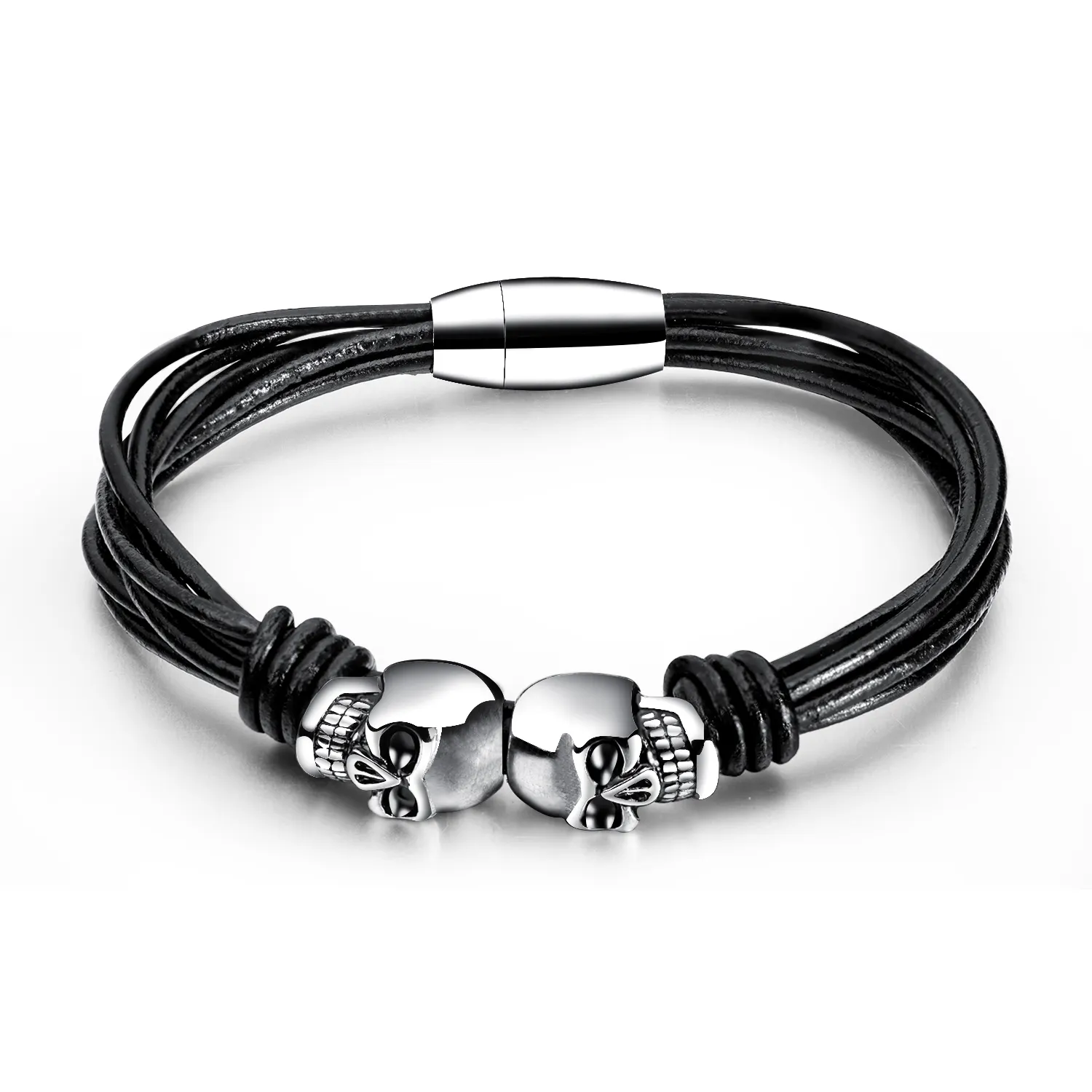 Wholesale Silver Fashion Stainless Steel magnetic Wrap Men Skull Leather Bracelet