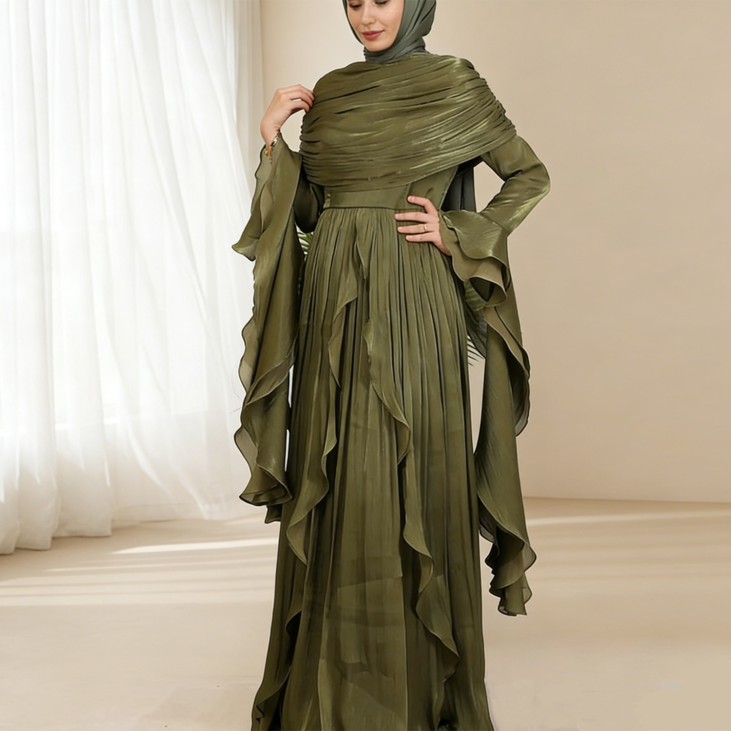 green emerald velvet dress Modest Muslim Women's Luxe Pleated Evening Formal Dress G761