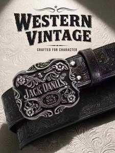 Hebilla de cinturón ancha de aleación con grabado floral retro <span class=keywords><strong>Jack</strong></span> <span class=keywords><strong>Daniel</strong></span>'s No.7, accesorio vaquero de cuero negro completo para hombre y mujer - Product Image 1