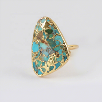 Anneaux ajustables pour femmes en or véritable plaqué 18 carats avec grande pierre précieuse en turquoise bleue naturelle