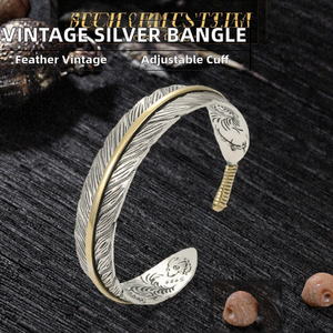 Bracelet manchette ouverte vintage en plumes, en alliage argenté, ajustable, bijou pour homme, cadeau - Product Image 2