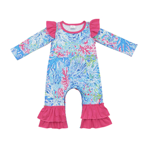 Infant baby <b>girl</b> sea grass print kids wholesale romper long sleeve zipper <b>jumpsuit</b> child clothing set - Product Image 1