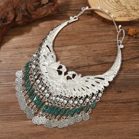 Nouveau collier ras du cou imposant style bohème antique, grand paon en alliage de zinc, multi-couches, strass et pampilles en forme de pièce de monnaie