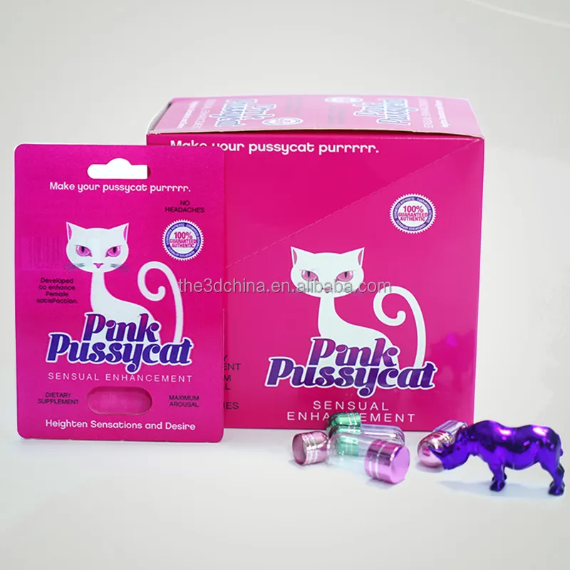 Grosir Kustom Cetak Kapsul Kemasan Pink Pussycat Pills Rhino Botol Blister Stiker Kertas 3D Kartu untuk Kemasan Pil