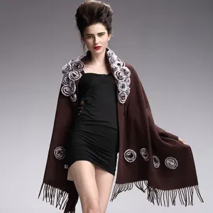 2023 women winter luxury mufflers rex rabbit fur flowers 200 cm long shawl wool cashmere scarf with tassel woman wool