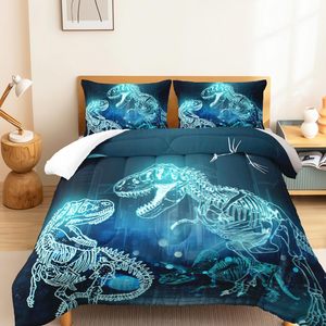 Juego de edredón temático de dinosaurios para adolescentes, ropa de cama azul oscuro para todas las estaciones, diseño de ojos, algodón Floral de 3 piezas, colección de Navidad de 7 piezas - Product Image 2
