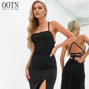 OOTN Robes d'été sexy noires sans manches et dos nu pour femmes kaki Basic bodycon lace up stretch Slim midi dresses