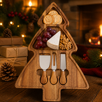 Planche à fromage en bois d'acacia motif sapin de Noël, avec couteaux, plateau de service pour charcuterie, coffret cadeau de Noël – Vente chaude