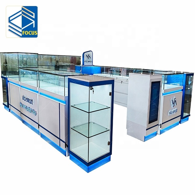 Cellphone Store Display Case Arrangement Free Standing Tempered Glass Wooden Display Cabinet Mobile Phone Shop Product Showcase