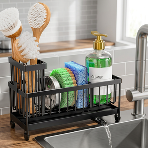 Égouttoir de cuisine métallique à double niveau avec roulettes, support de rangement étanche pour ustensiles, éponges et distributeur de savon - Product Image 4
