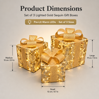Coffret Cadeau Scintillant Doré en Fer avec 3 LED Chaudes et Nœuds Pailletés – Vente Directe Usine pour Décoration de Noël, Arbre de Noël, Cheminée et Table de Fête