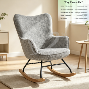 Fauteuil à bascule en tissu personnalisé OKAYODM OEM avec dossier large et incurvé, pieds en bois naturel, support métallique stable, mobilier de balcon - Product Image 1