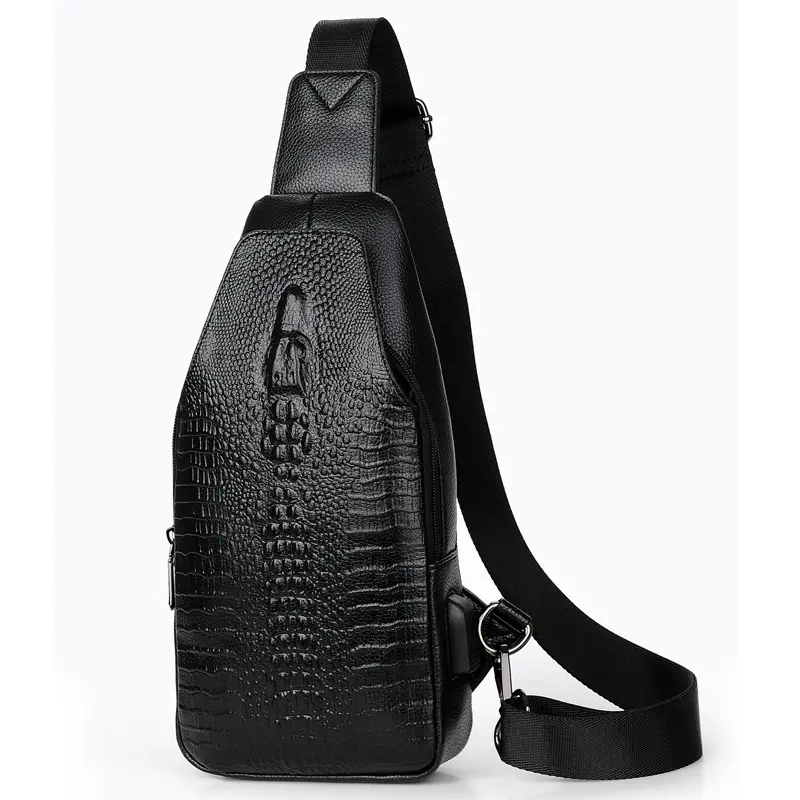 New men's crocodile print shoulder bag fashion leather messenger bag casual outdoor chest bags