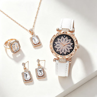 Ensemble de montres pour femmes avec cadran rond de 33 mm, bracelet en PU, bijoux carrés en strass pour un usage quotidien décontracté