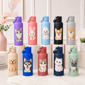 Botella Portátil con Tapa Abatible, Aislada al Vacío, de Acero Inoxidable 304, con Diseño Personalizado de Dibujos Animados de Mascotas y Letras, para Camping, Senderismo y Uso Diario - Product Image 4