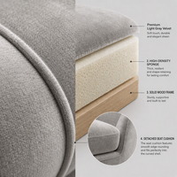 Canapé 3 places moderne en velours gris clair, canapé incurvé monobloc avec coussin indépendant, pour salon.