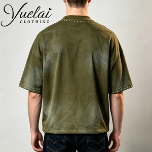 Camiseta Personalizada para Hombre, Estilo Vintage, Lavada al Ácido, con Tachuelas y Logotipo Serigrafiado, Moda Urbana, Talla Grande, Informal, Color Verde - Product Image 3