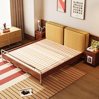 Lit de Mariage Double en Bois Massif Style Bauhaus Mid-Century Modern, Tête de Lit Capitonnée, Style Français Vintage, Taille 1,8m