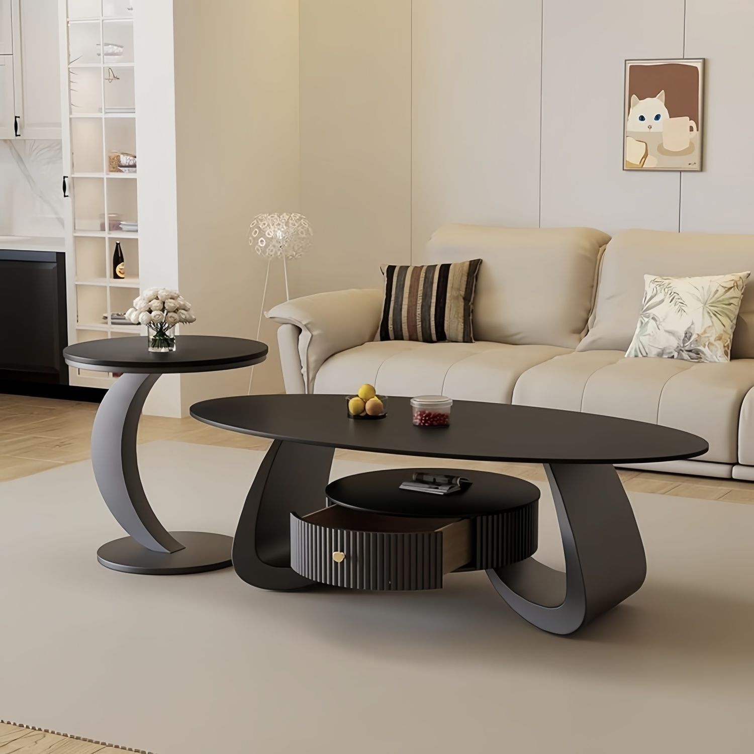 Black background [pure black slate] crescent-shaped side table