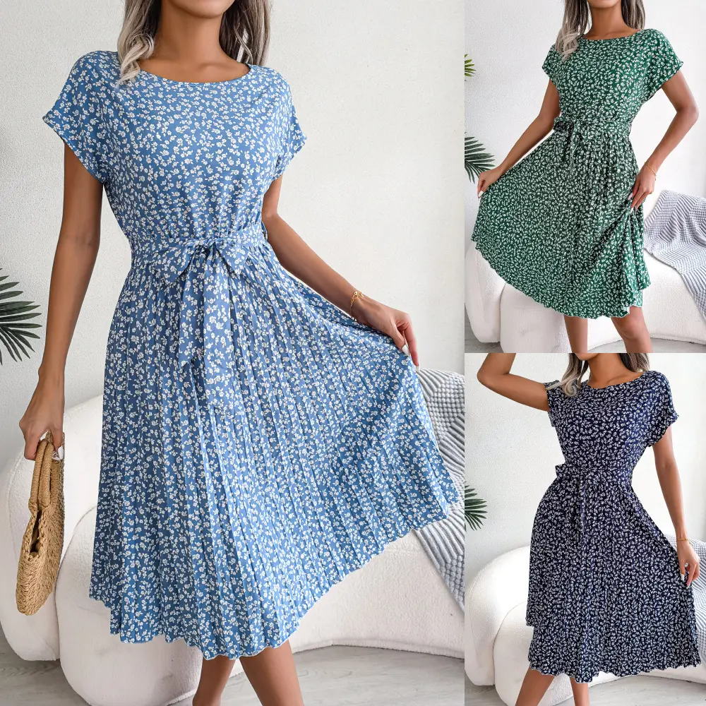 2023 Summer Top Sell Short Sleeve Midi Dress Women Elegant Casual Floral Print Clothing