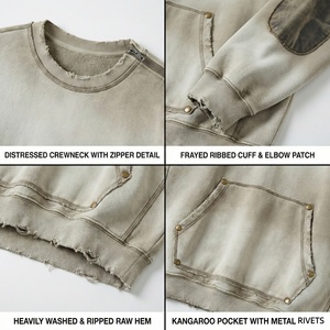 Sweat-shirt à col rond vintage pour homme, effet vieilli, en coton épais délavé à l'acide, avec fermeture éclair aux épaules, coupe ample, idéal pour le streetwear – Fournisseur en vogue - Product Image 2